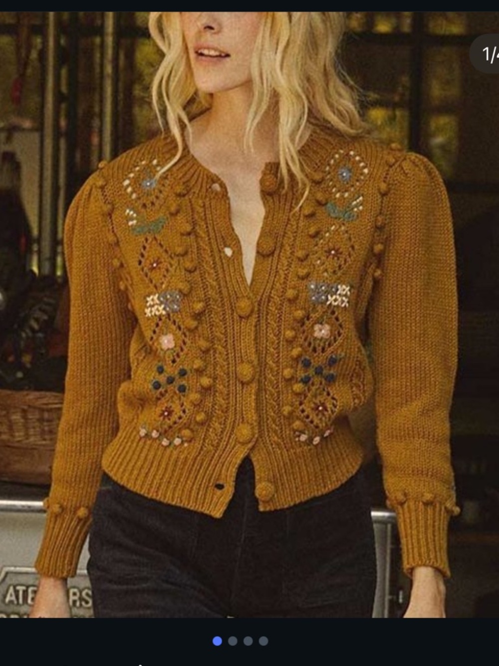 DÔEN Forget Me Not Cardigan Small Mustard Embroidered Organic Cotton
